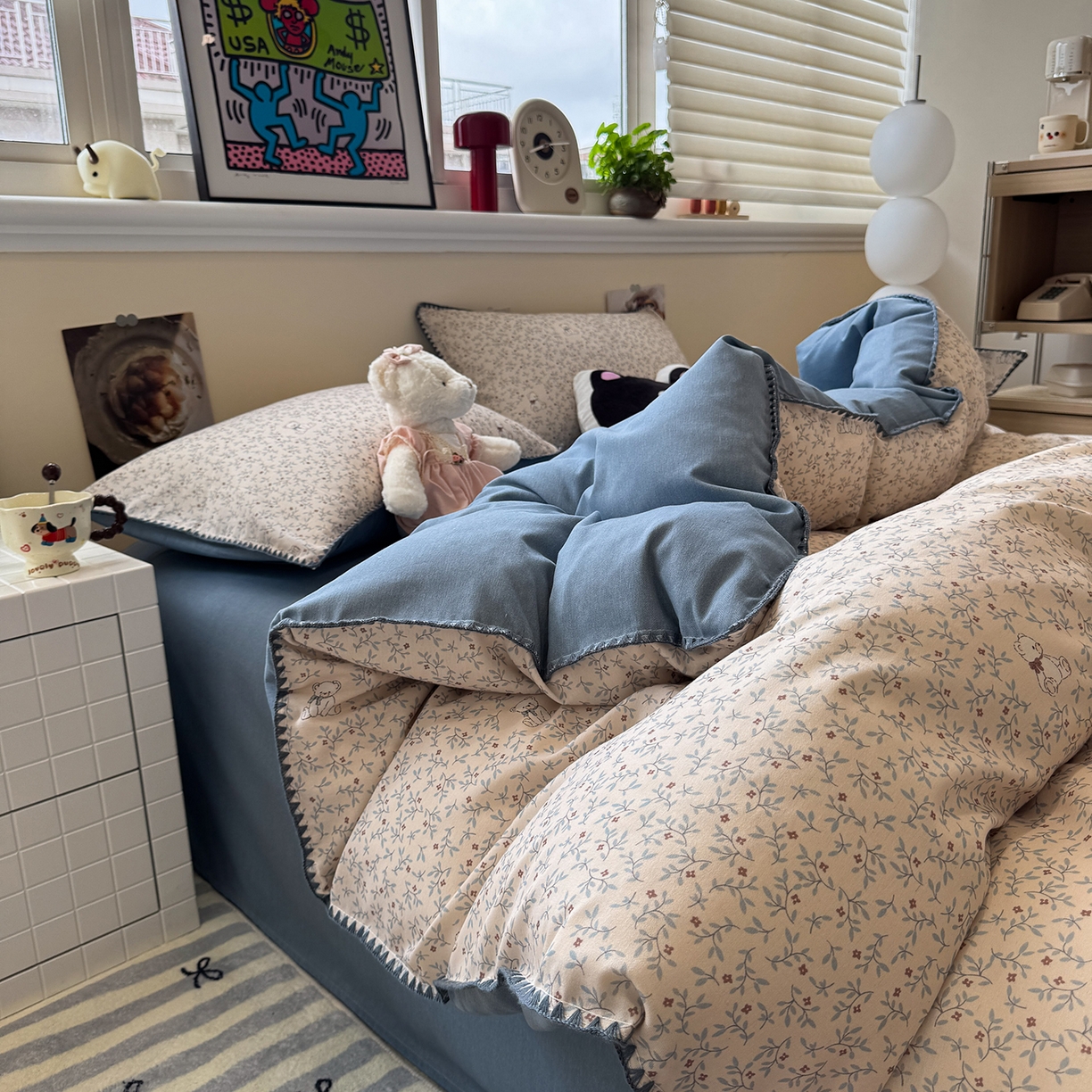 91家纺网 家纺一手货源 找家纺 慕尚家纺 2025新款磨毛三角针套件四件套 磨毛三角针-花朵熊