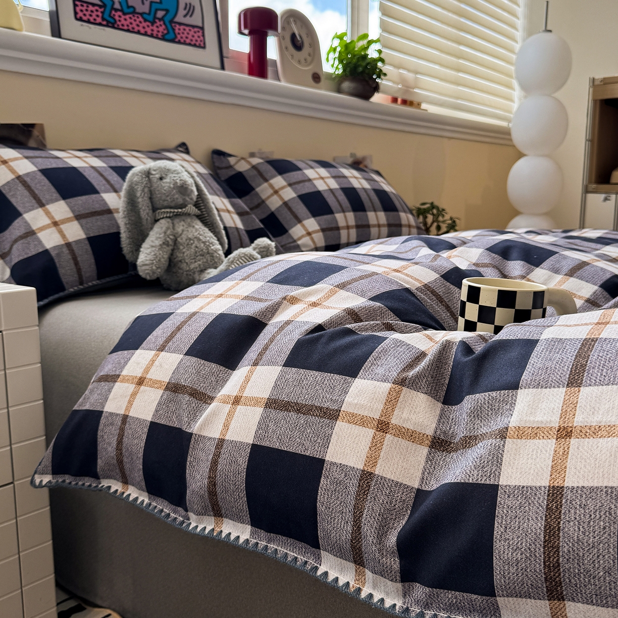 91家纺网 家纺一手货源 找家纺 慕尚家纺 2025新款磨毛三角针套件四件套 磨毛三角针-英式黑灰格