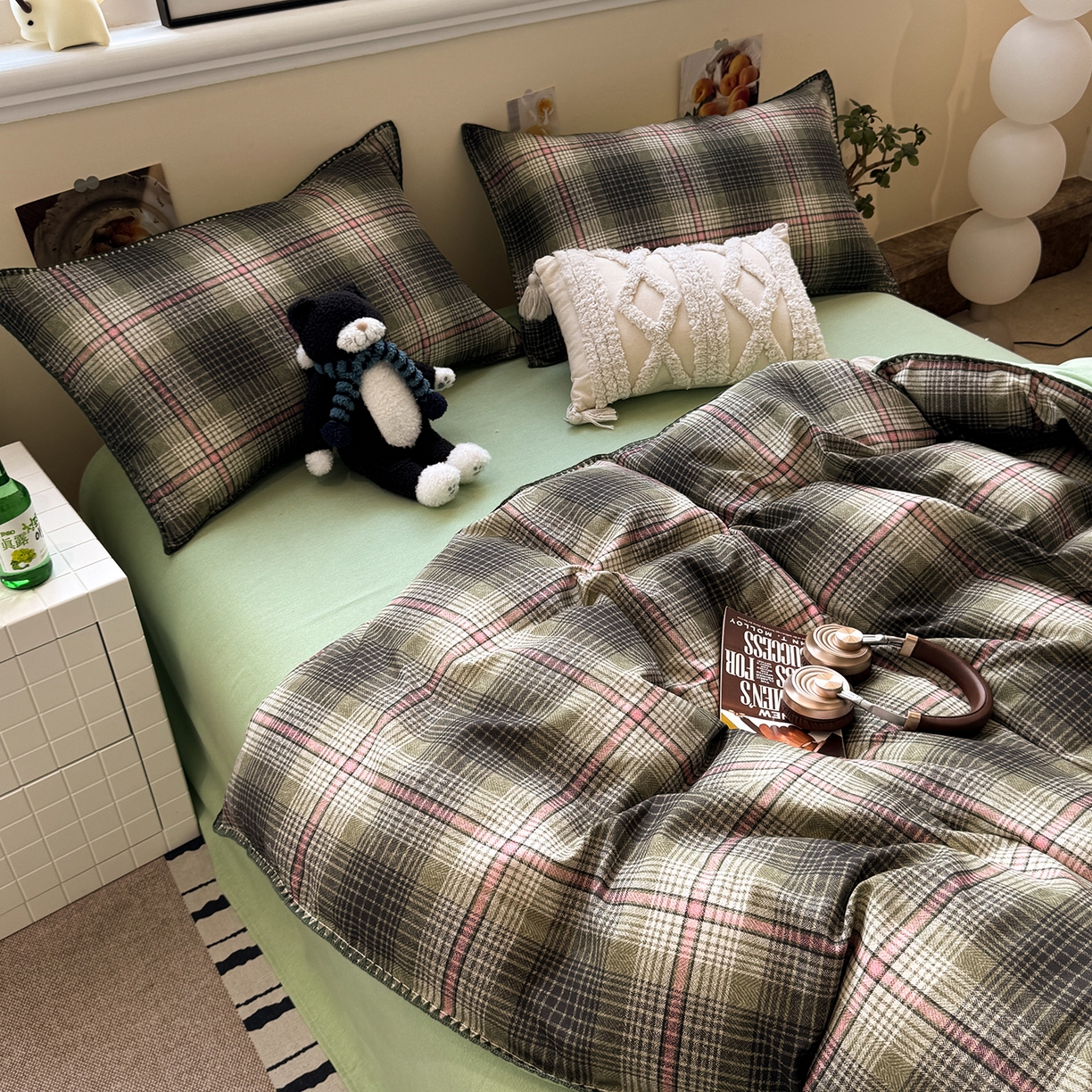 91家纺网 家纺一手货源 找家纺 慕尚家纺 2025新款磨毛三角针套件四件套 磨毛三角针-英式绿棕格