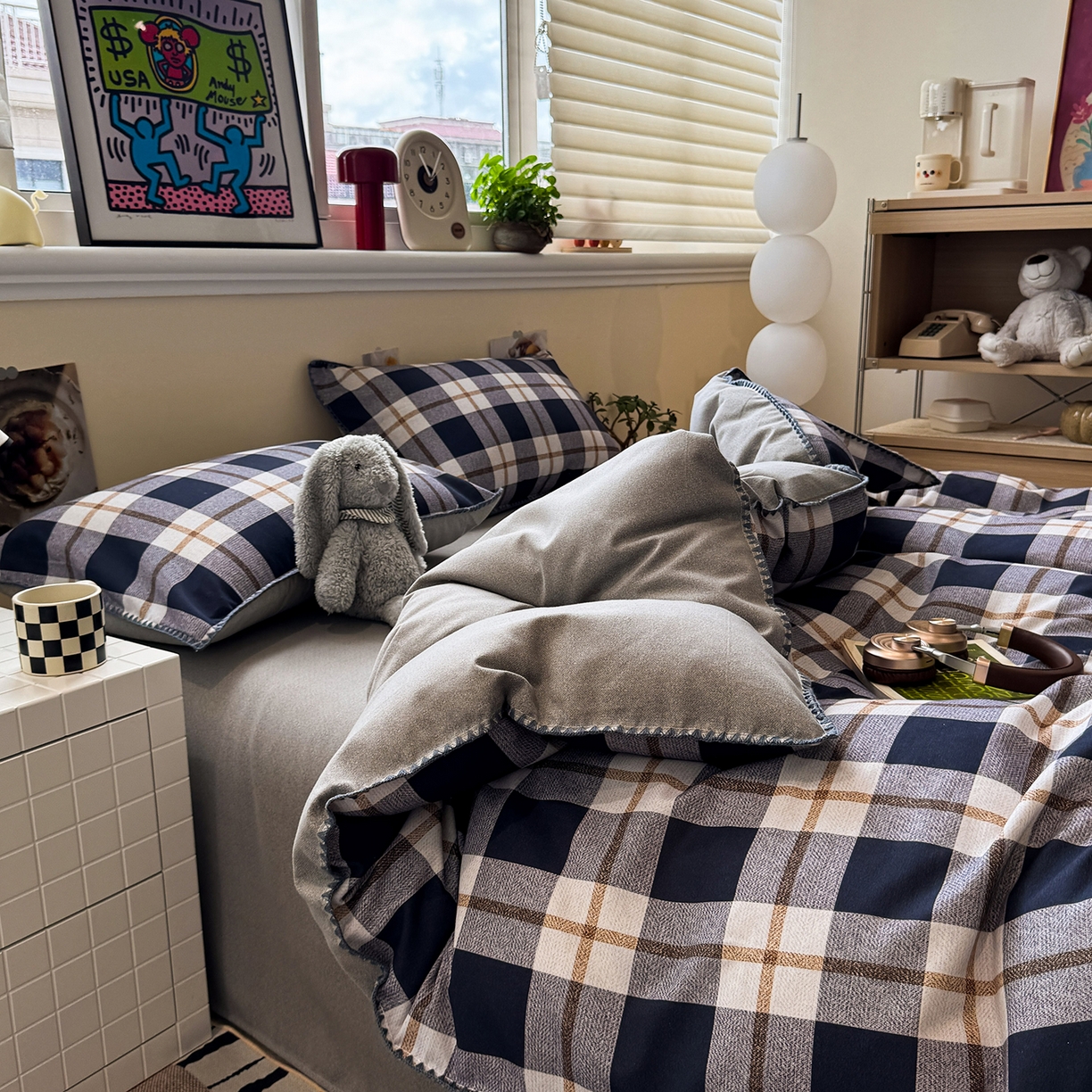 91家纺网 家纺一手货源 找家纺 慕尚家纺 2025新款磨毛三角针套件四件套 磨毛三角针-英式黑灰格