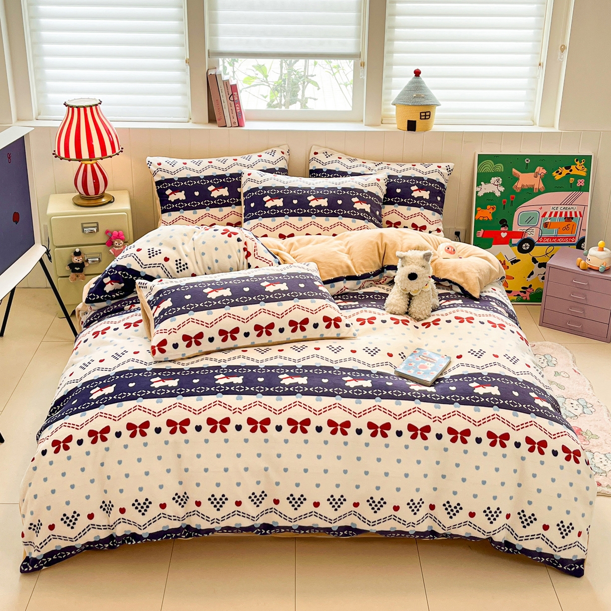 佳汐蓝家纺 2025新款190克高克重牛奶绒印花四件套 爱心酱-蓝+香槟