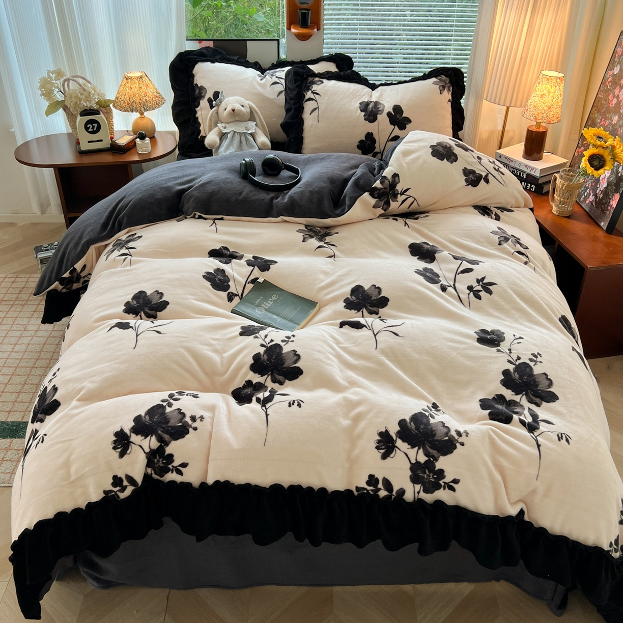 韩都家居 2025新款法式花边印花牛奶绒四件套 加州风情