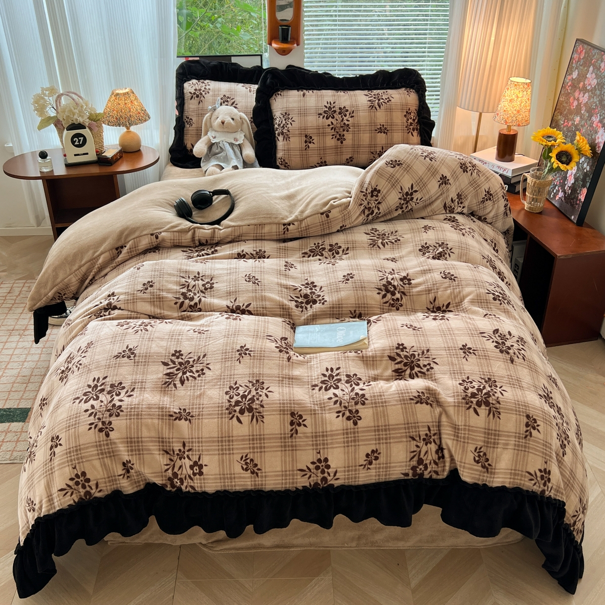 韩都家居 2025新款法式花边印花牛奶绒四件套 茶花