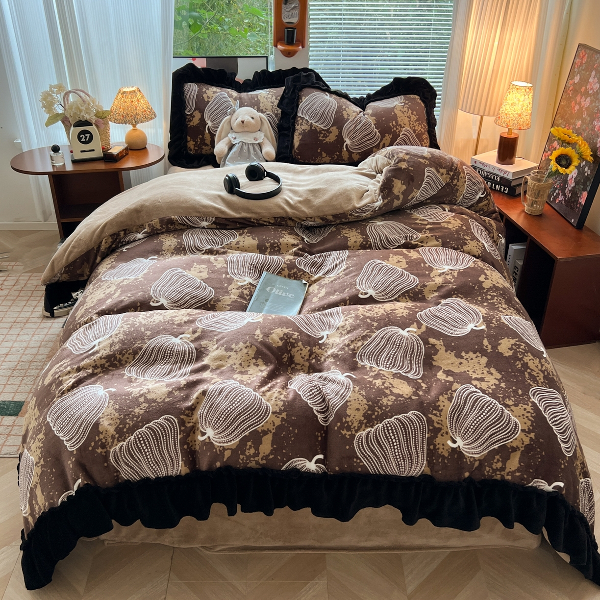 韩都家居 2025新款法式花边印花牛奶绒四件套 南瓜