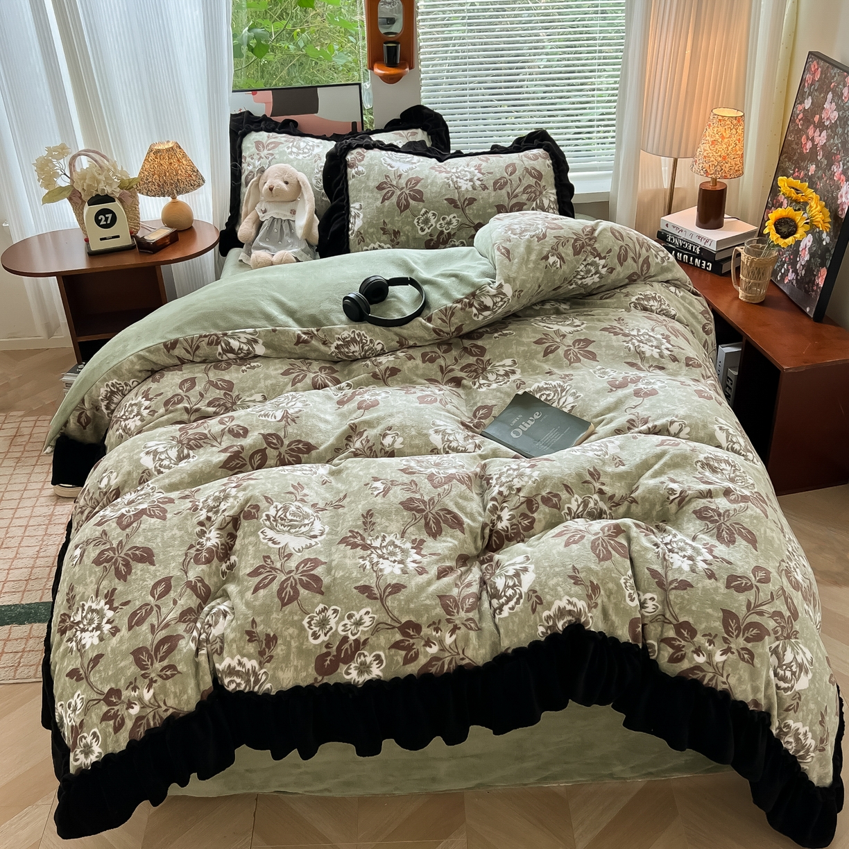 韩都家居 2025新款法式花边印花牛奶绒四件套 忘忧