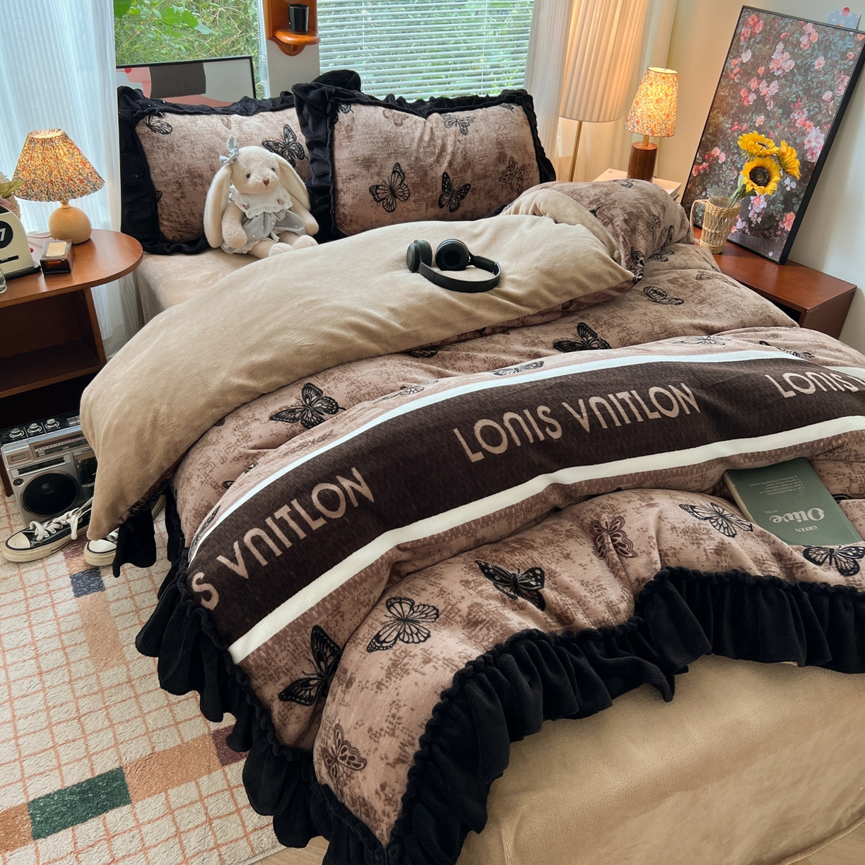 91家纺网 家纺一手货源 找家纺 韩都家居 2025新款法式花边印花牛奶绒四件套 陌离