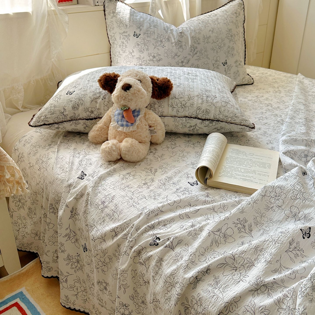 91家纺网 家纺一手货源 找家纺 优卡迪家纺馆 2025新款皱皱棉小花边床单（下载文件包含买家秀） 雨蝶