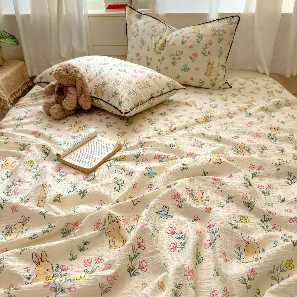 91家纺网 家纺一手货源 找家纺 优卡迪家纺馆 2025新款皱皱棉小花边床单（下载文件包含买家秀） 花园小兔