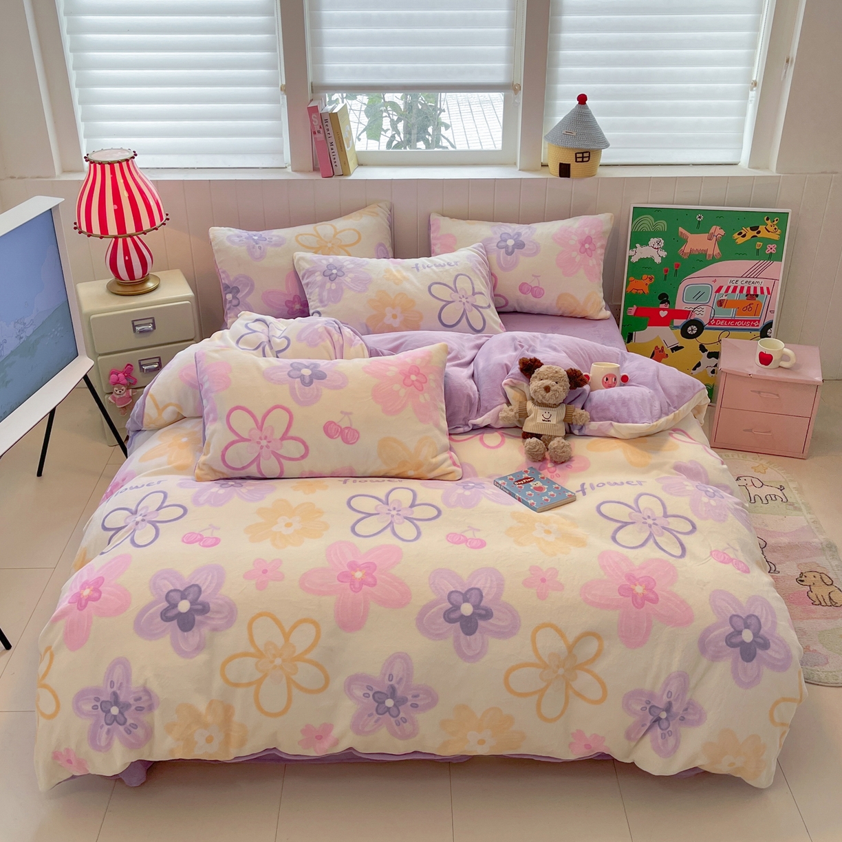 佳汐蓝家纺 2025新款190克高克重牛奶绒印花四件套 花香四溢+丁香紫