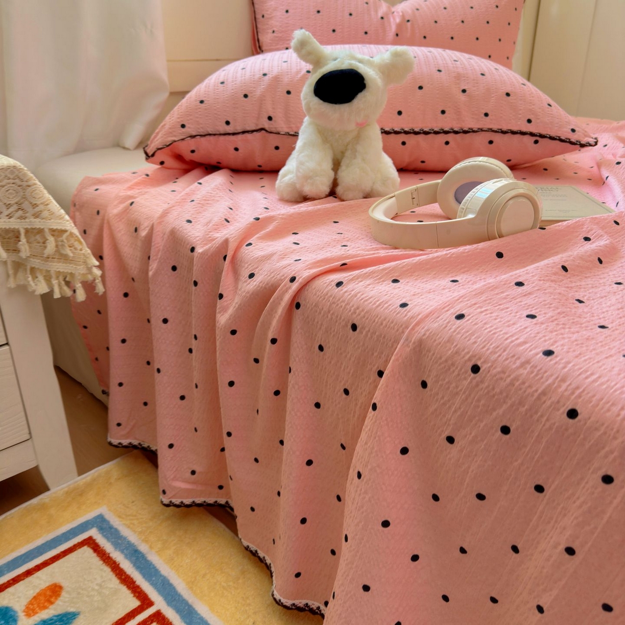 优卡迪家纺馆 2025新款皱皱棉小花边床单（下载文件包含买家秀） 波点生活-粉