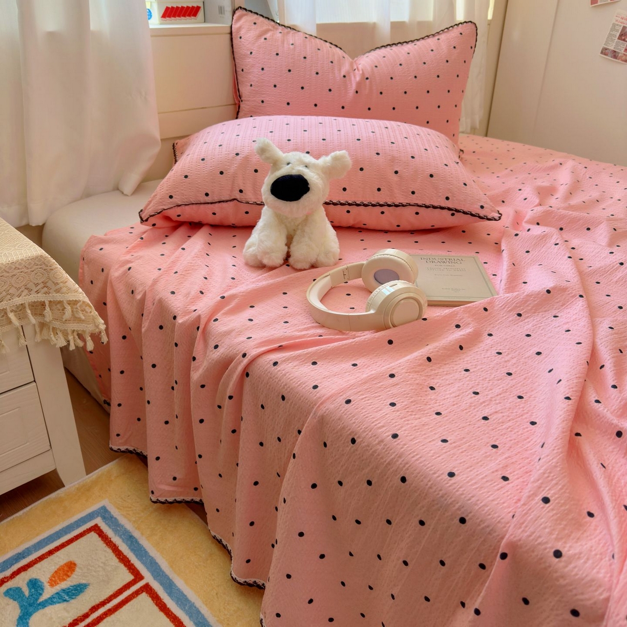 91家纺网 家纺一手货源 找家纺 优卡迪家纺馆 2025新款皱皱棉小花边床单（下载文件包含买家秀） 波点生活-粉