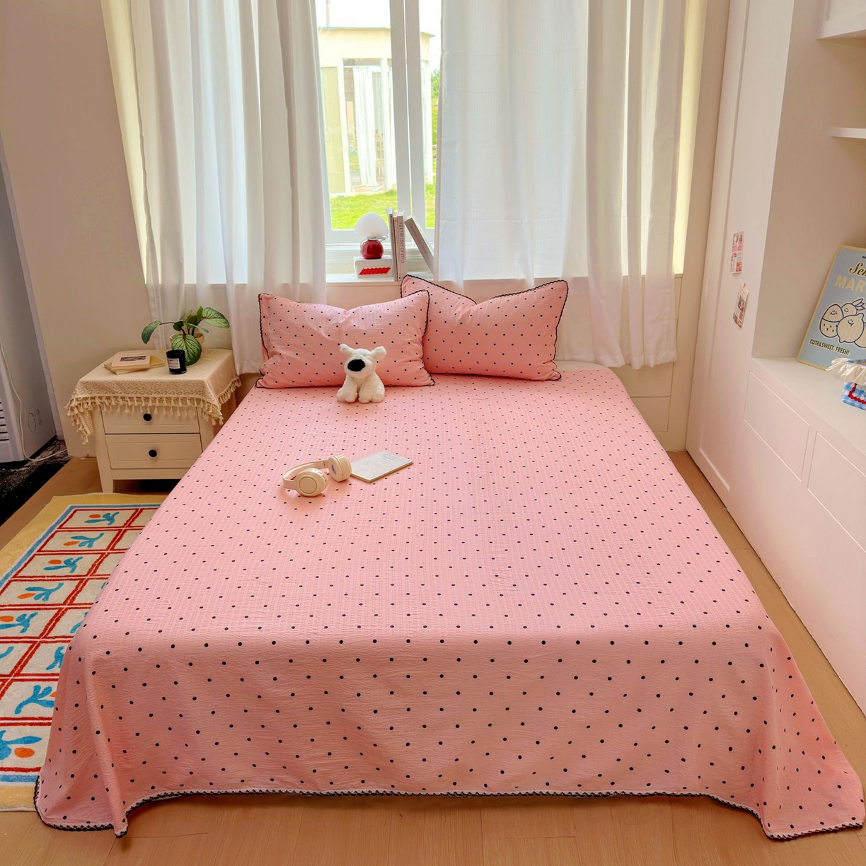 91家纺网 家纺一手货源 找家纺 优卡迪家纺馆 2025新款皱皱棉小花边床单（下载文件包含买家秀） 波点生活-粉