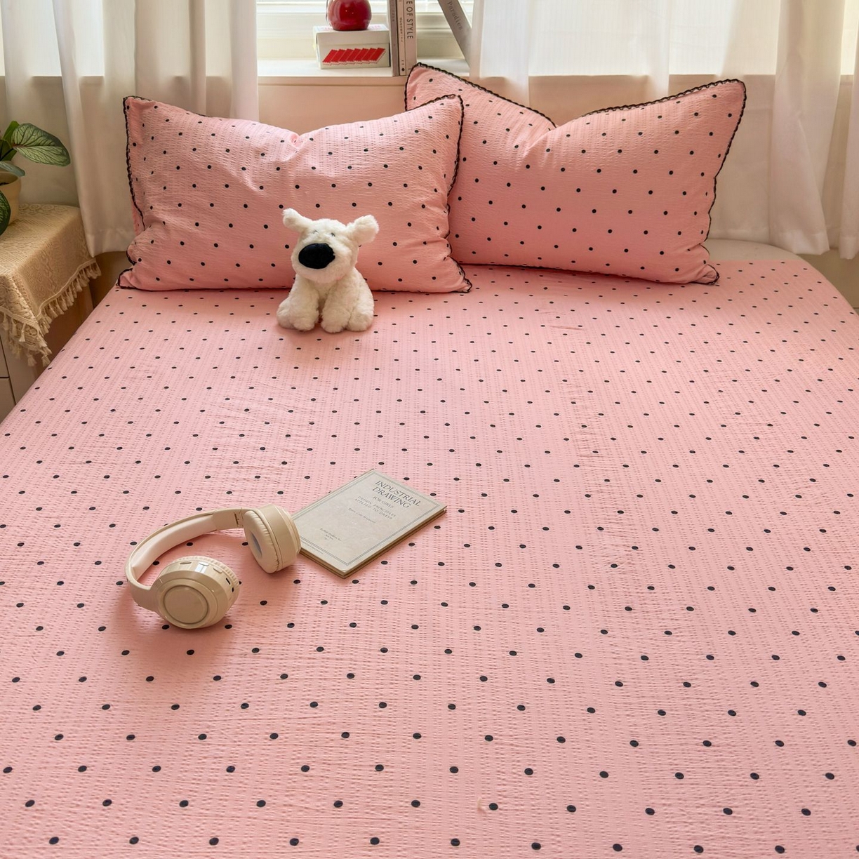 91家纺网 家纺一手货源 找家纺 优卡迪家纺馆 2025新款皱皱棉小花边床单（下载文件包含买家秀） 波点生活-粉