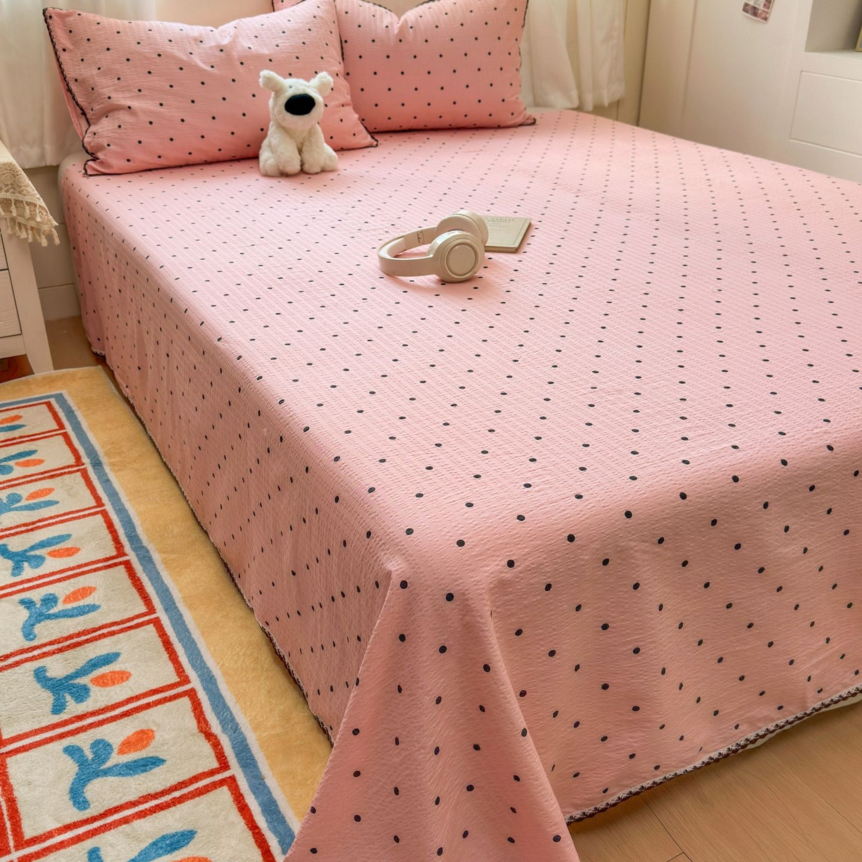 91家纺网 家纺一手货源 找家纺 优卡迪家纺馆 2025新款皱皱棉小花边床单（下载文件包含买家秀） 波点生活-粉