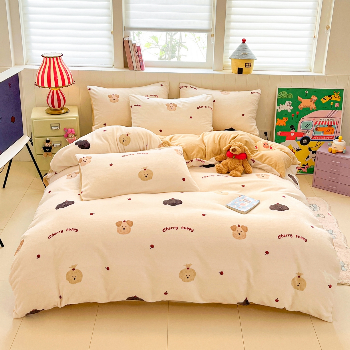 佳汐蓝家纺 2025新款190克高克重牛奶绒印花四件套 精灵仔-米+香槟