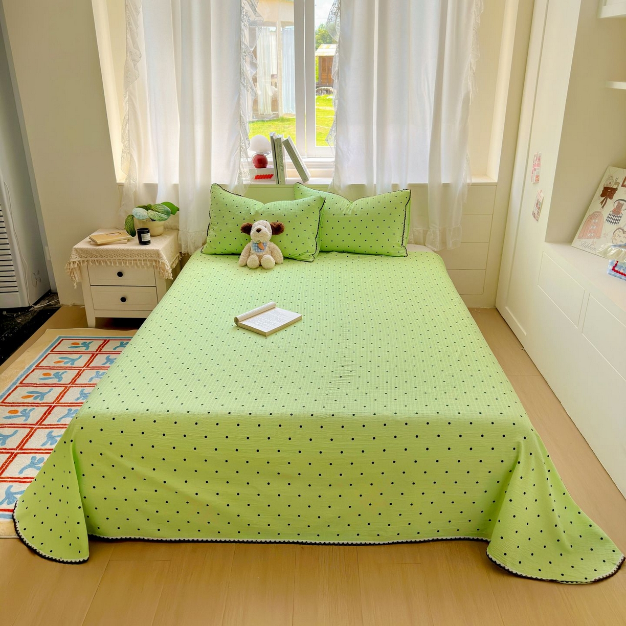 91家纺网 家纺一手货源 找家纺 优卡迪家纺馆 2025新款皱皱棉小花边床单（下载文件包含买家秀） 波点生活-绿