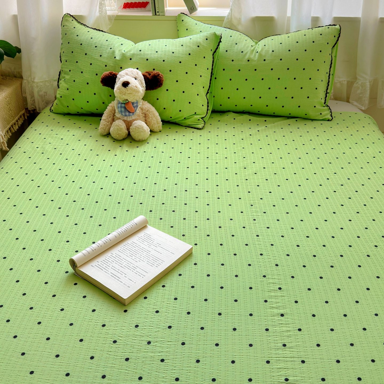91家纺网 家纺一手货源 找家纺 优卡迪家纺馆 2025新款皱皱棉小花边床单（下载文件包含买家秀） 波点生活-绿