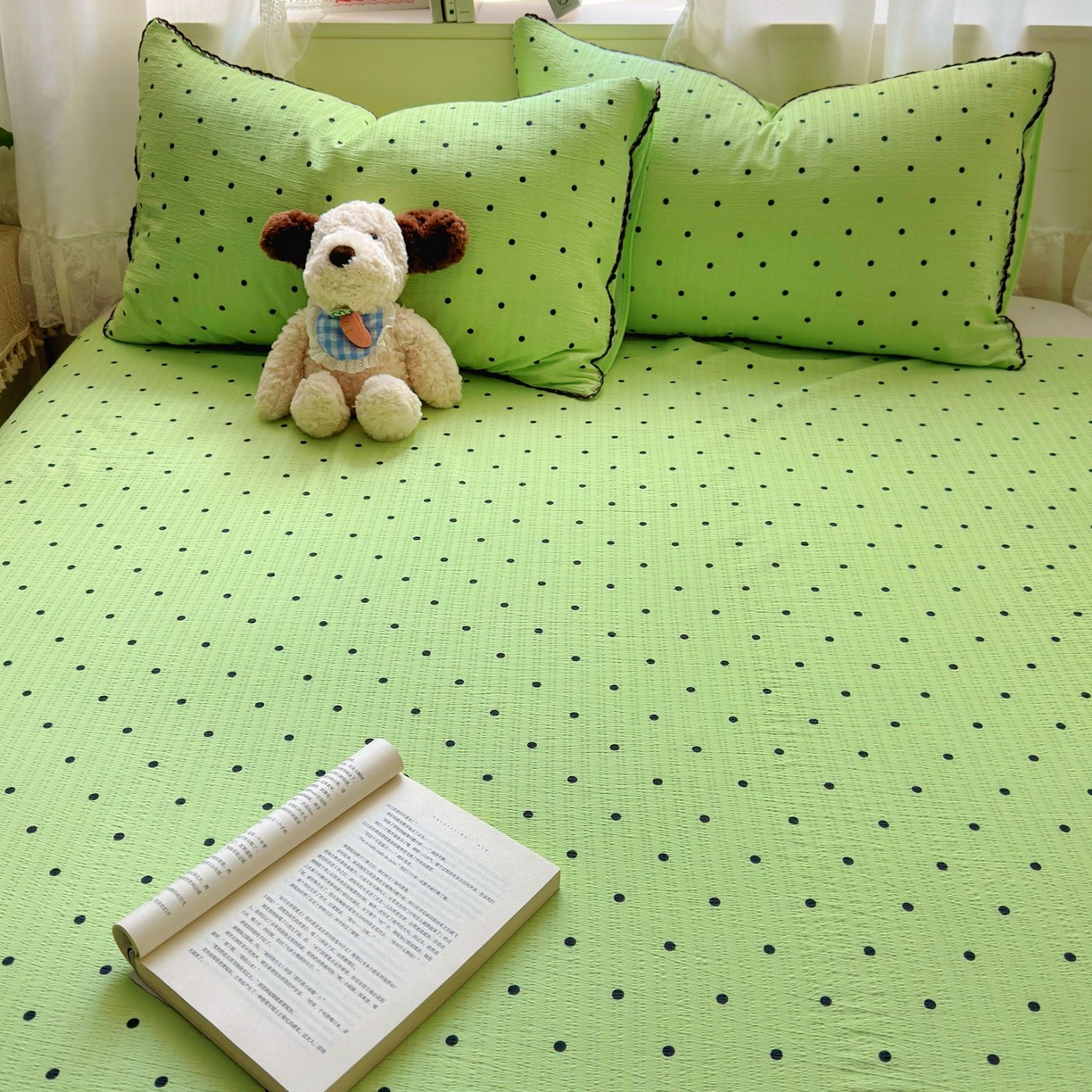 91家纺网 家纺一手货源 找家纺 优卡迪家纺馆 2025新款皱皱棉小花边床单（下载文件包含买家秀） 波点生活-绿