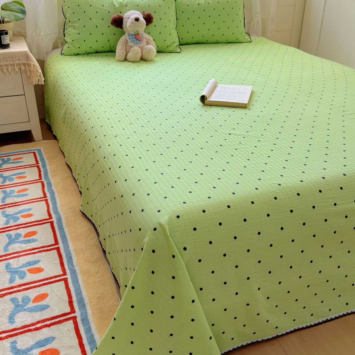 91家纺网 家纺一手货源 找家纺 优卡迪家纺馆 2025新款皱皱棉小花边床单（下载文件包含买家秀） 波点生活-绿