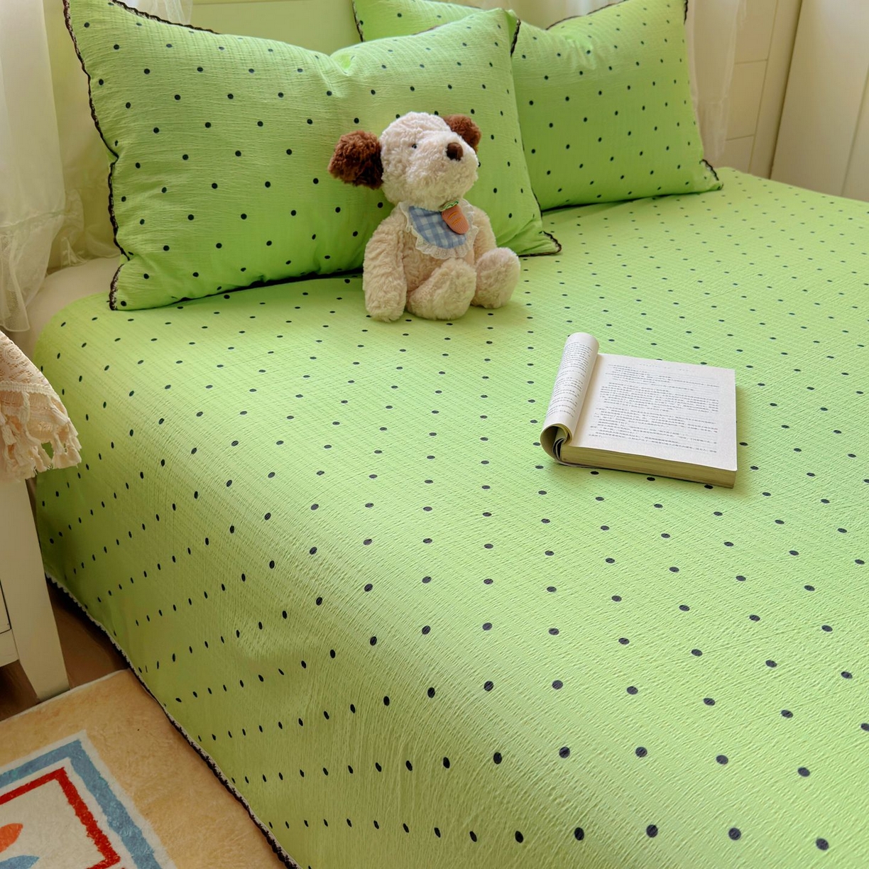 91家纺网 家纺一手货源 找家纺 优卡迪家纺馆 2025新款皱皱棉小花边床单（下载文件包含买家秀） 波点生活-绿