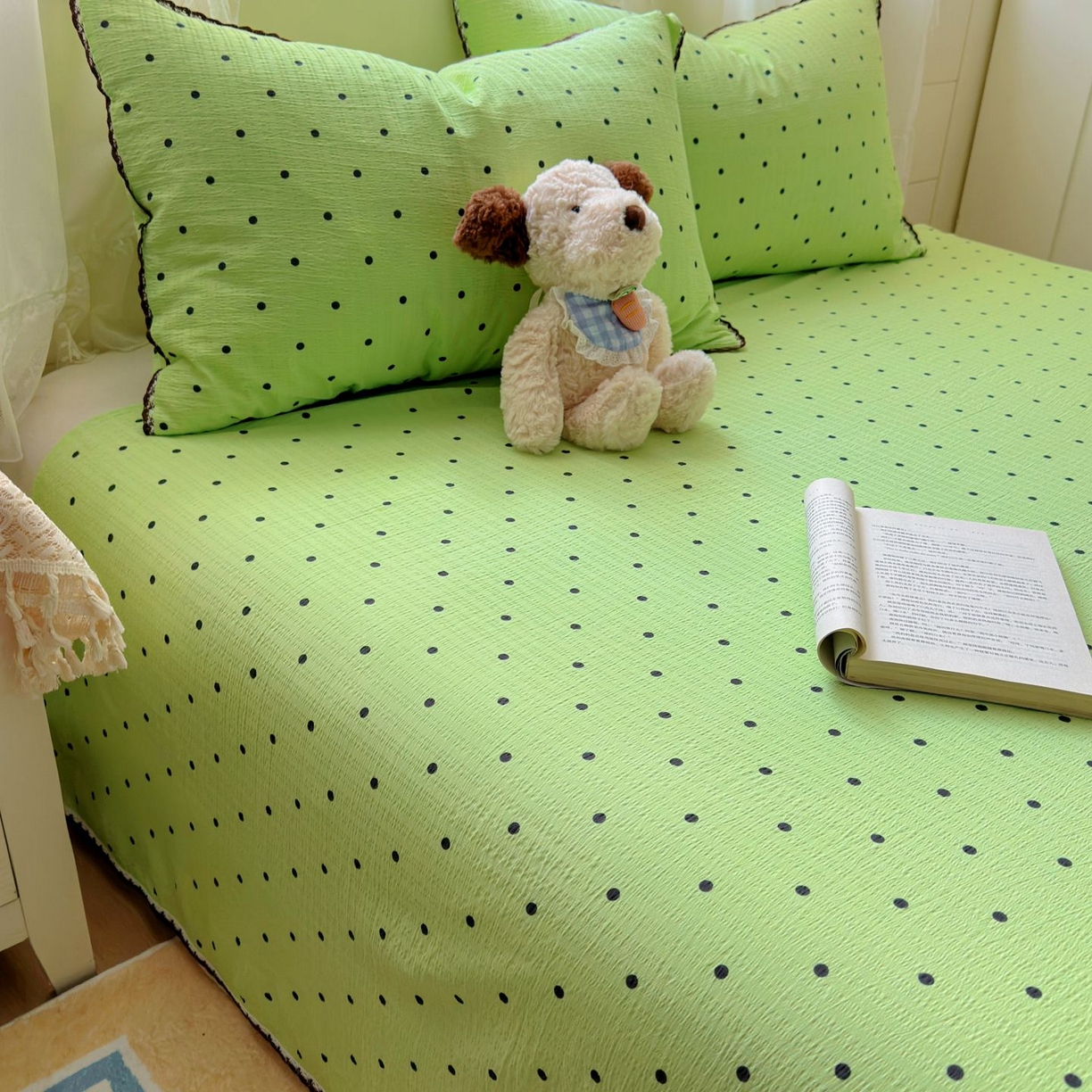 91家纺网 家纺一手货源 找家纺 优卡迪家纺馆 2025新款皱皱棉小花边床单（下载文件包含买家秀） 波点生活-绿