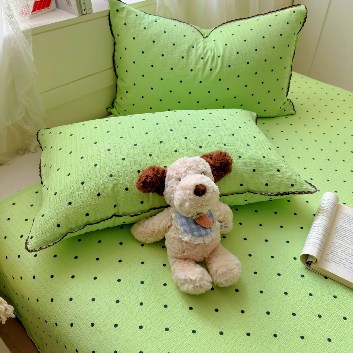 91家纺网 家纺一手货源 找家纺 优卡迪家纺馆 2025新款皱皱棉小花边床单（下载文件包含买家秀） 波点生活-绿