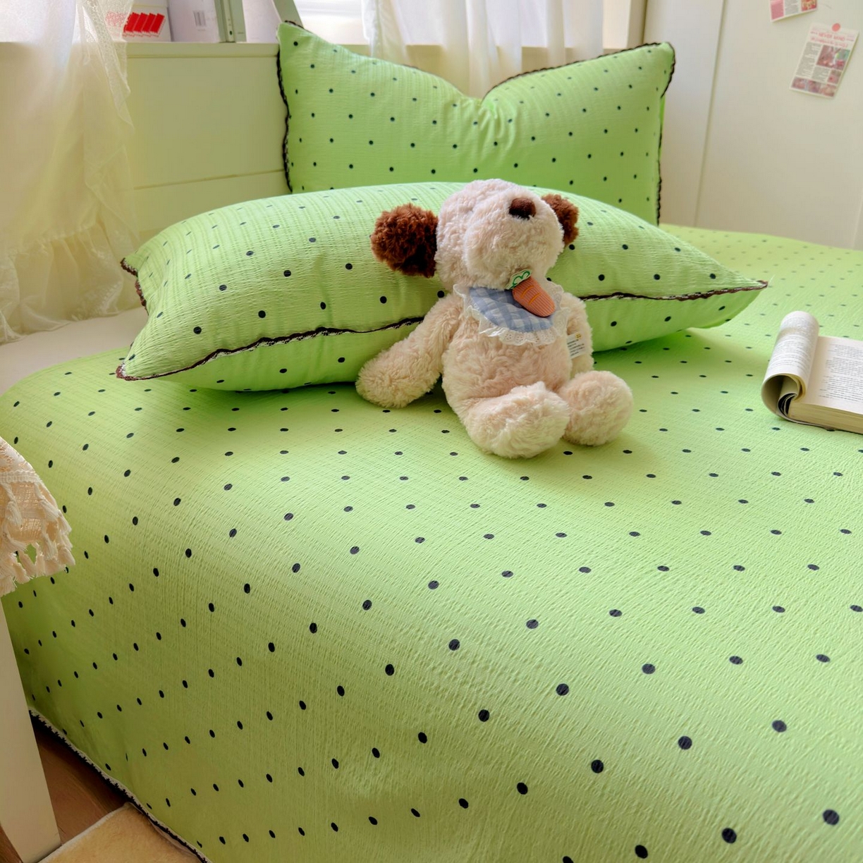 91家纺网 家纺一手货源 找家纺 优卡迪家纺馆 2025新款皱皱棉小花边床单（下载文件包含买家秀） 波点生活-绿