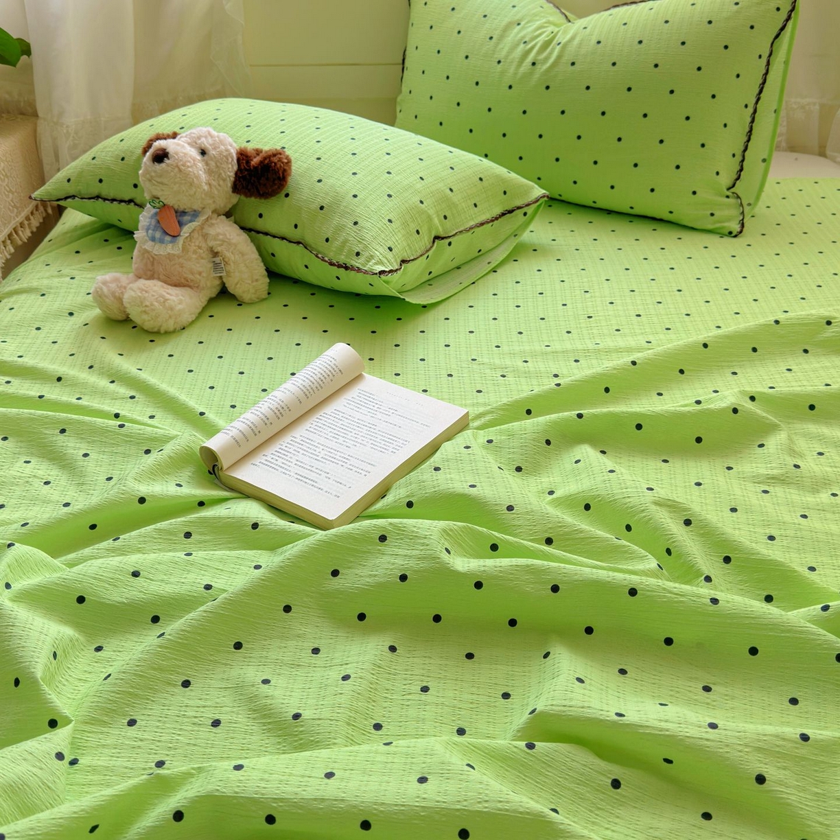 91家纺网 家纺一手货源 找家纺 优卡迪家纺馆 2025新款皱皱棉小花边床单（下载文件包含买家秀） 波点生活-绿