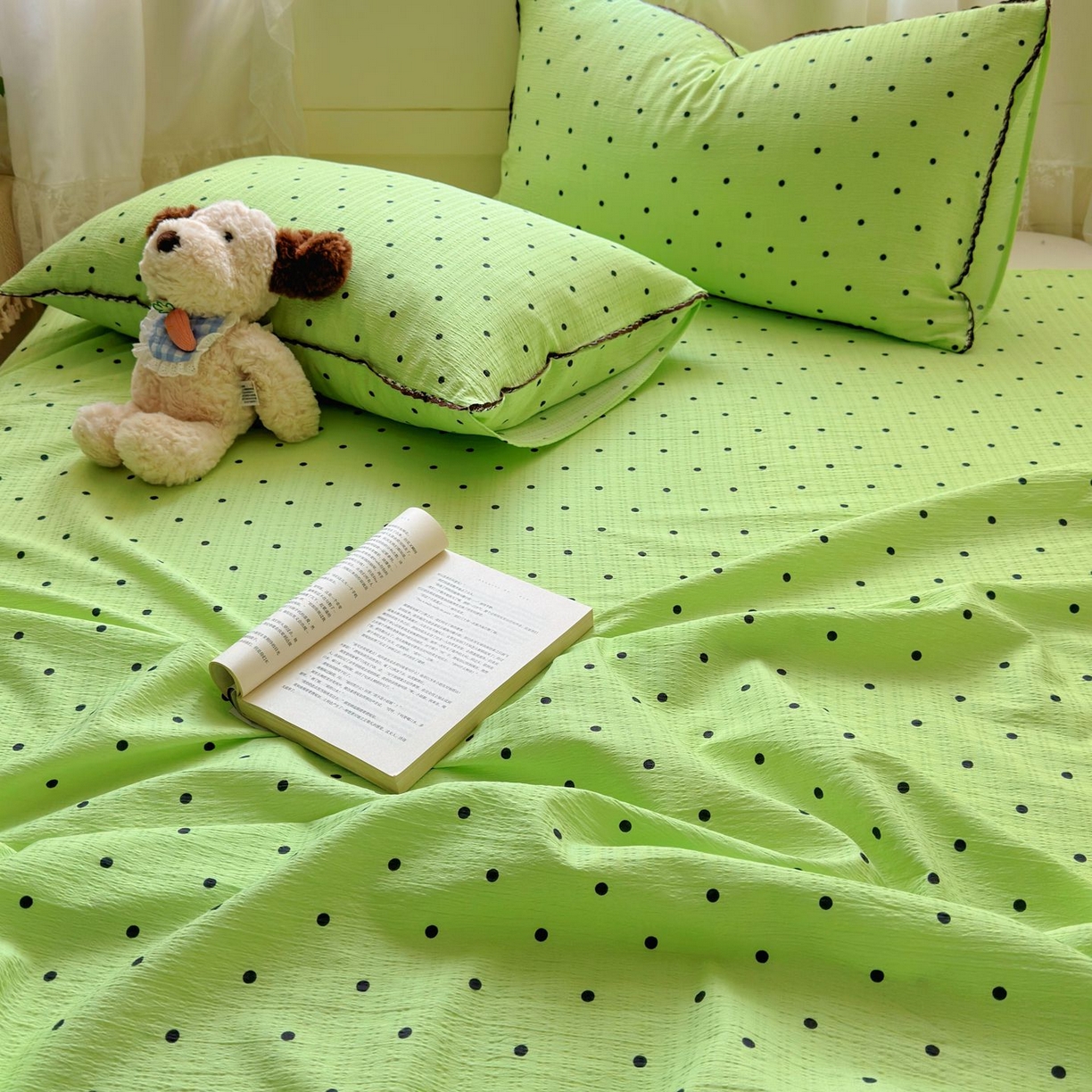 91家纺网 家纺一手货源 找家纺 优卡迪家纺馆 2025新款皱皱棉小花边床单（下载文件包含买家秀） 波点生活-绿