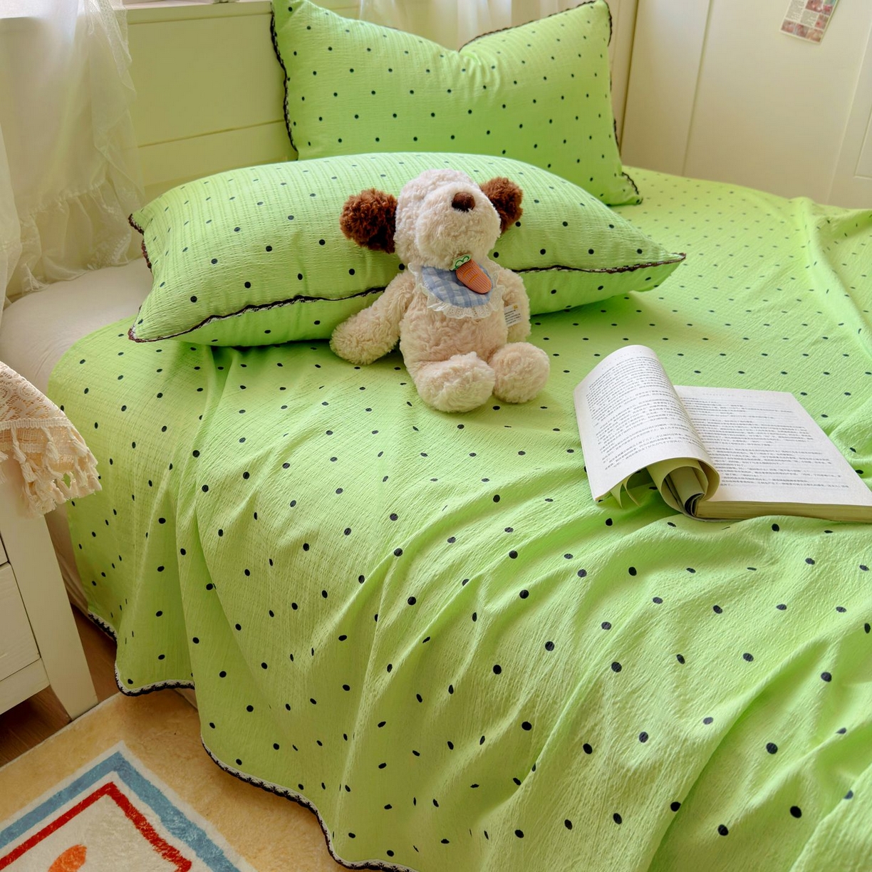 91家纺网 家纺一手货源 找家纺 优卡迪家纺馆 2025新款皱皱棉小花边床单（下载文件包含买家秀） 波点生活-绿