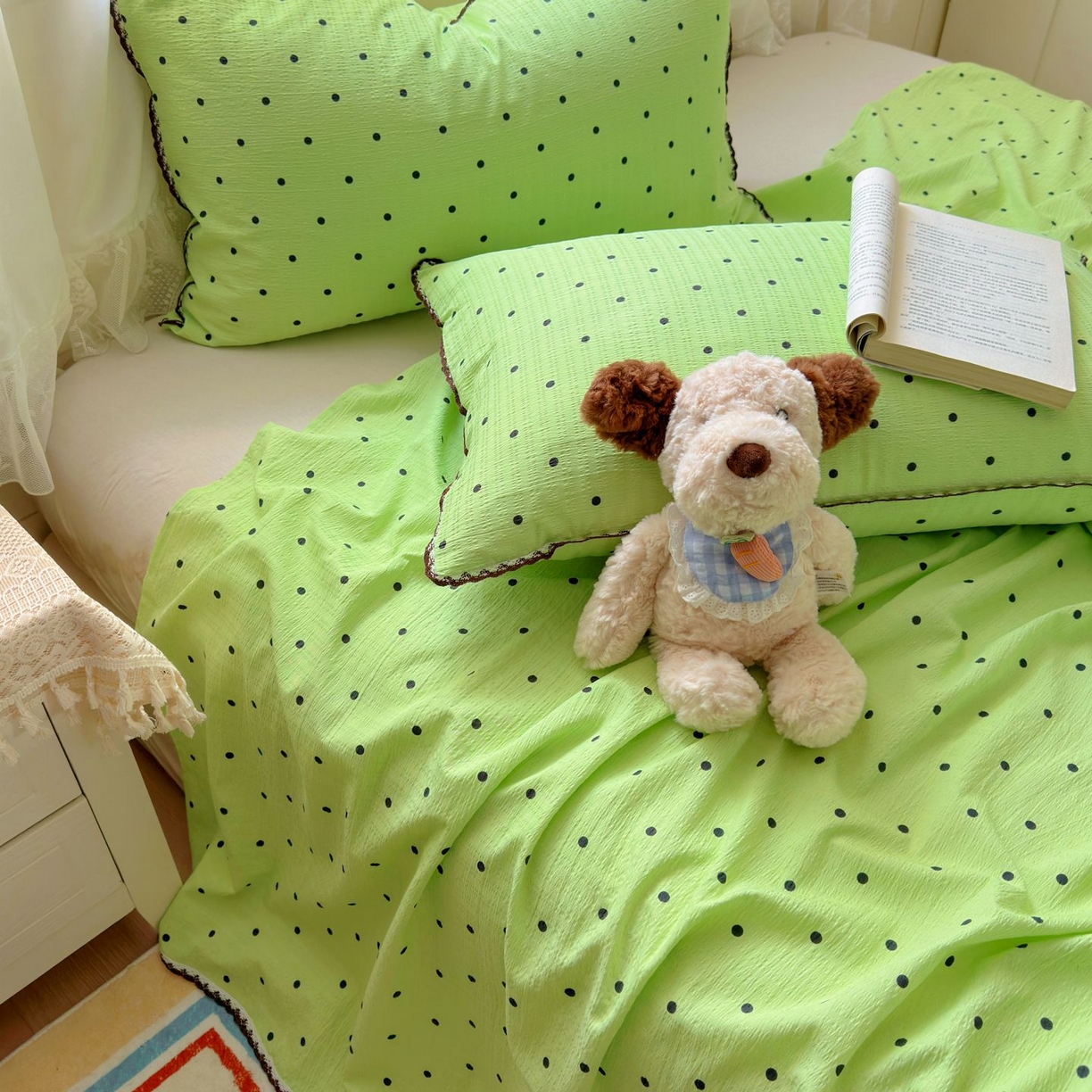 91家纺网 家纺一手货源 找家纺 优卡迪家纺馆 2025新款皱皱棉小花边床单（下载文件包含买家秀） 波点生活-绿