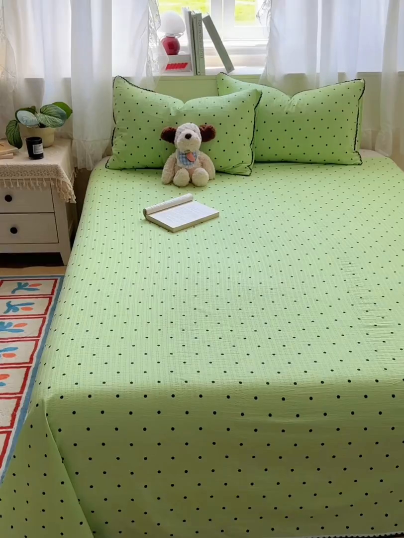 91家纺网 家纺一手货源 找家纺 优卡迪家纺馆 2025新款皱皱棉小花边床单（下载文件包含买家秀） 波点生活-绿
