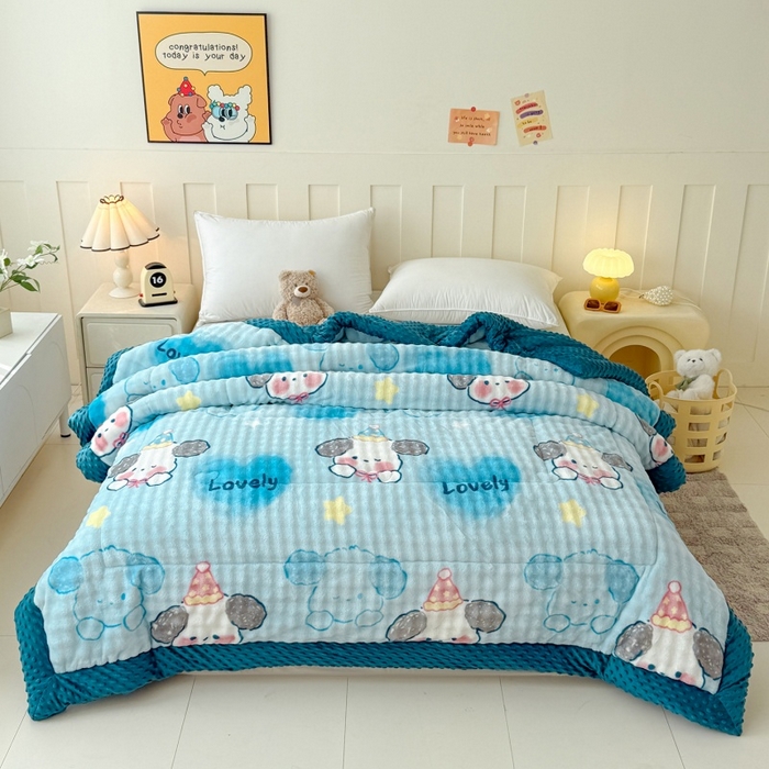 91家纺网 家纺一手货源 找家纺 宜梦家居 2025新款獭兔绒三层夹棉加厚豆豆棉被子被芯 蓝狗