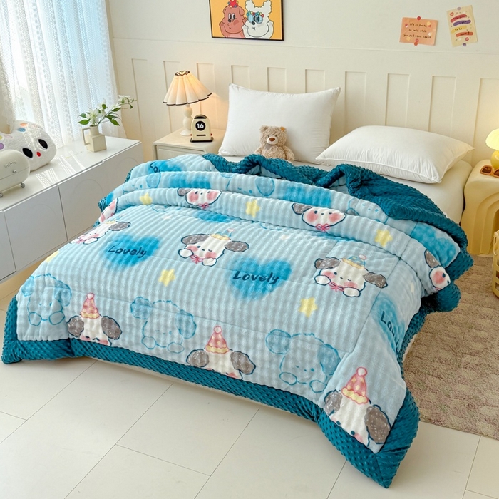 91家纺网 家纺一手货源 找家纺 宜梦家居 2025新款獭兔绒三层夹棉加厚豆豆棉被子被芯 蓝狗