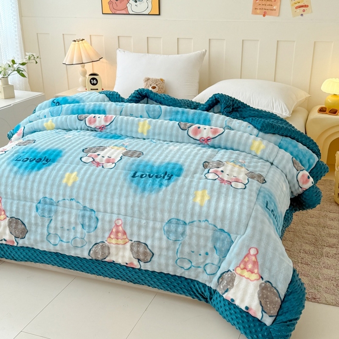 91家纺网 家纺一手货源 找家纺 宜梦家居 2025新款獭兔绒三层夹棉加厚豆豆棉被子被芯 蓝狗