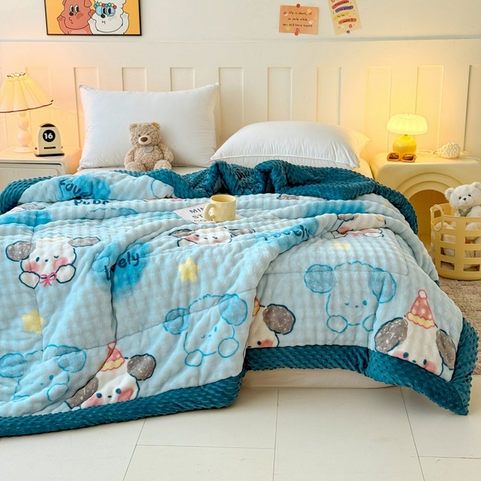 91家纺网 家纺一手货源 找家纺 宜梦家居 2025新款獭兔绒三层夹棉加厚豆豆棉被子被芯 蓝狗