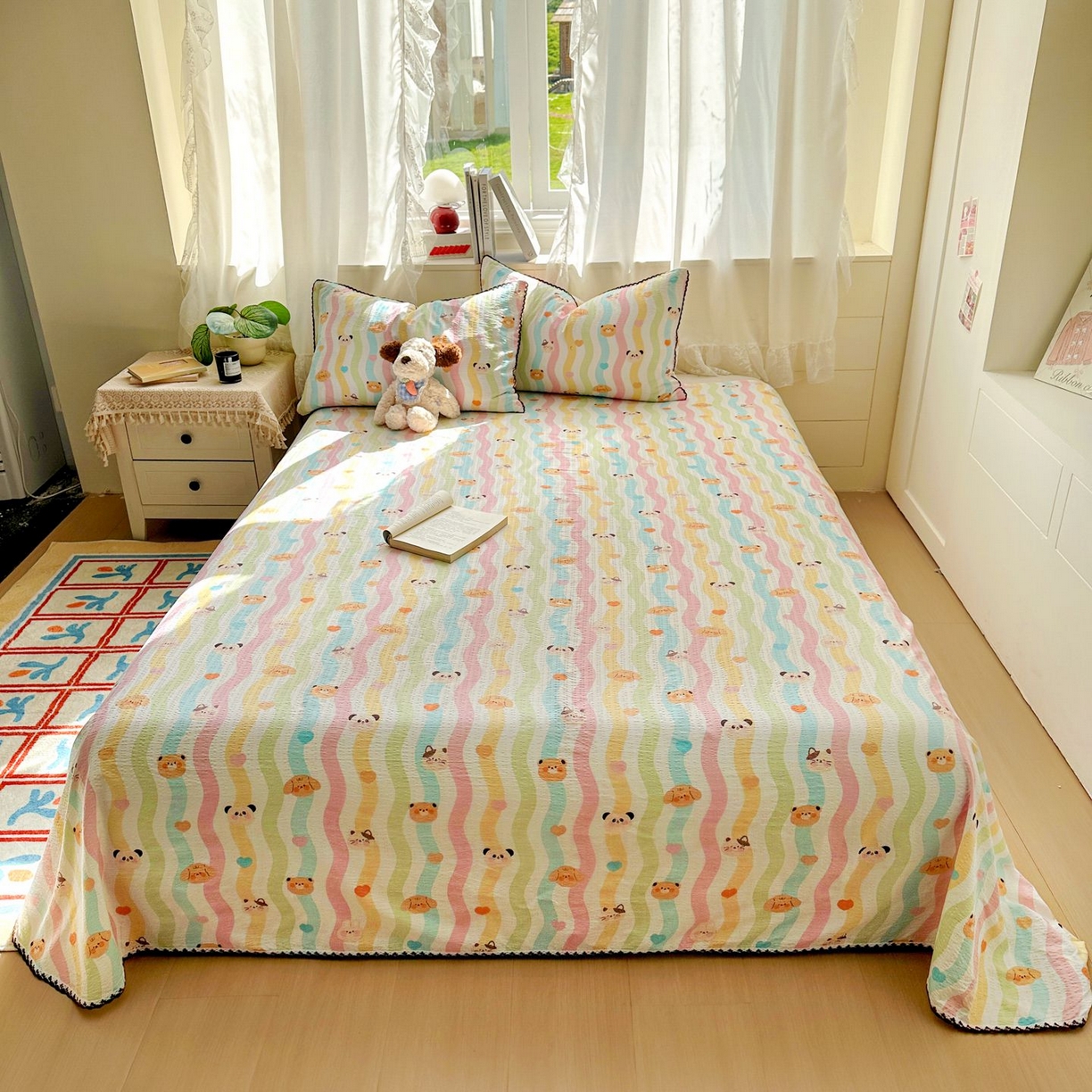 91家纺网 家纺一手货源 找家纺 优卡迪家纺馆 2025新款皱皱棉小花边床单（下载文件包含买家秀） 多彩小熊