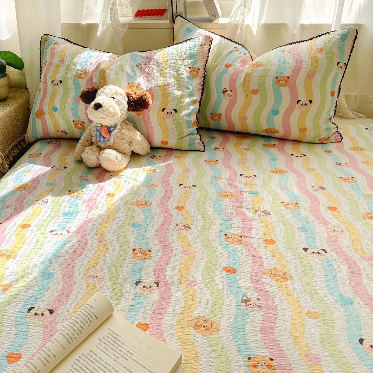 91家纺网 家纺一手货源 找家纺 优卡迪家纺馆 2025新款皱皱棉小花边床单（下载文件包含买家秀） 多彩小熊