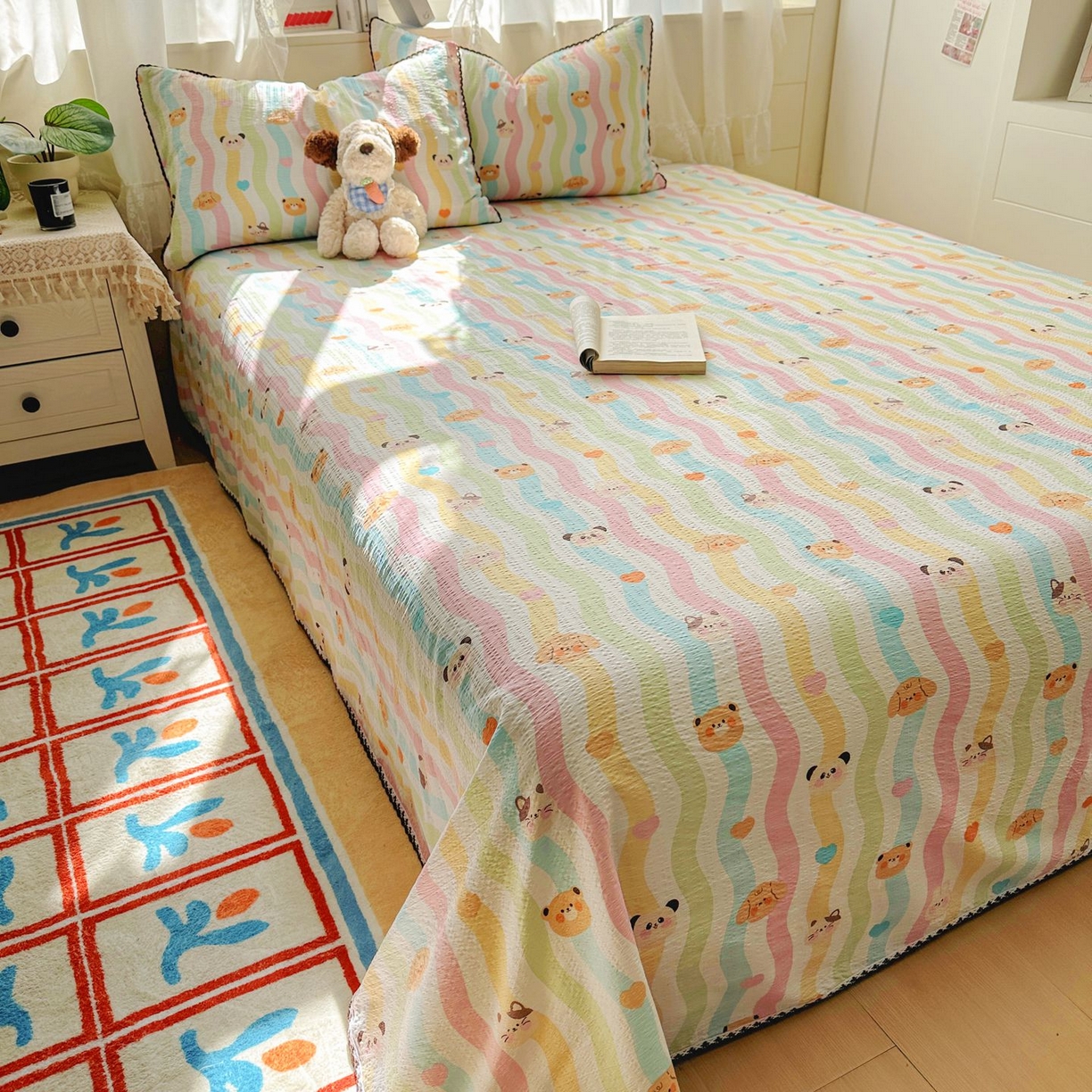 91家纺网 家纺一手货源 找家纺 优卡迪家纺馆 2025新款皱皱棉小花边床单（下载文件包含买家秀） 多彩小熊