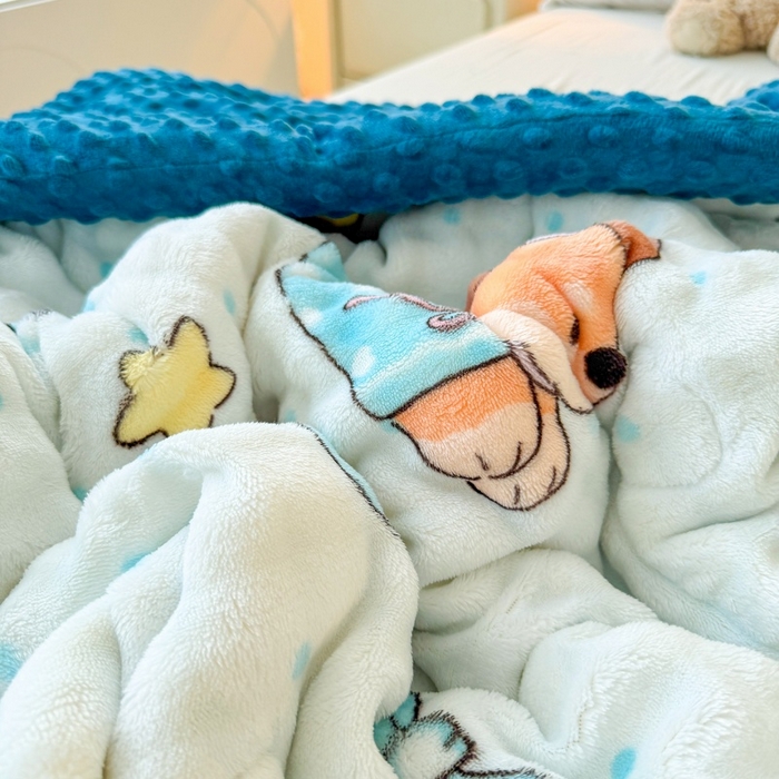 91家纺网 家纺一手货源 找家纺 宜梦家居 2025新款獭兔绒三层夹棉加厚豆豆棉被子被芯 蓝色动物