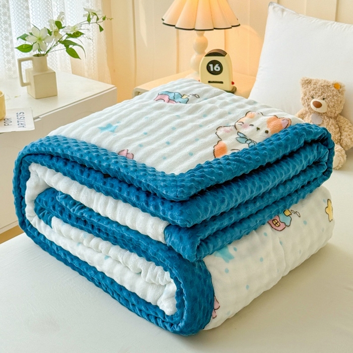 91家纺网 家纺一手货源 找家纺 宜梦家居 2025新款獭兔绒三层夹棉加厚豆豆棉被子被芯 蓝色动物