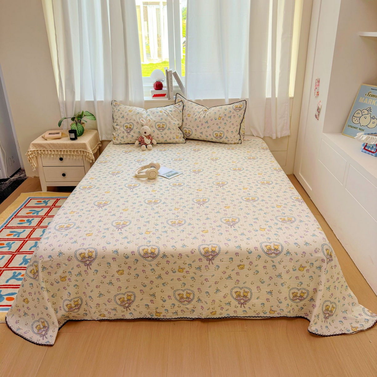 91家纺网 家纺一手货源 找家纺 优卡迪家纺馆 2025新款皱皱棉小花边床单（下载文件包含买家秀） 花香浮梦