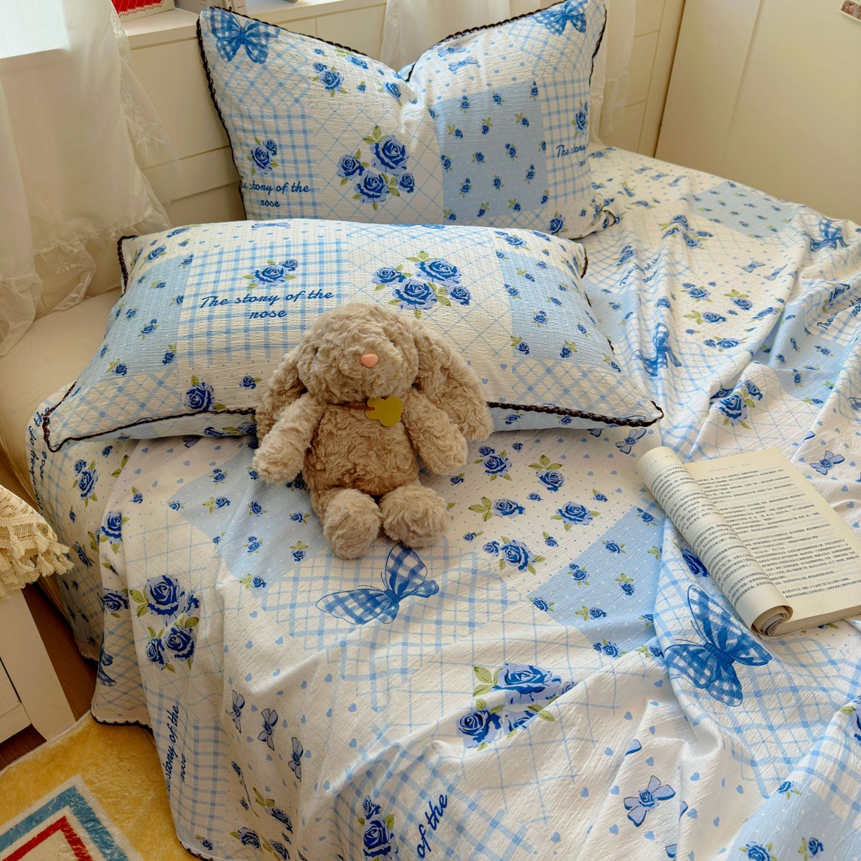 优卡迪家纺馆 2025新款皱皱棉小花边床单（下载文件包含买家秀） 蓝玫之约