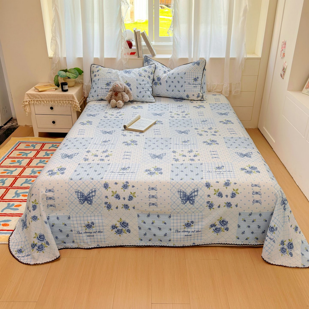 91家纺网 家纺一手货源 找家纺 优卡迪家纺馆 2025新款皱皱棉小花边床单（下载文件包含买家秀） 蓝玫之约