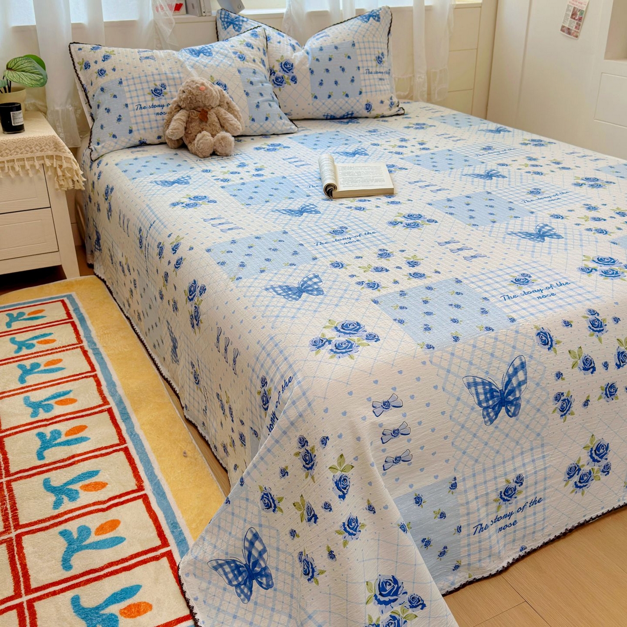 91家纺网 家纺一手货源 找家纺 优卡迪家纺馆 2025新款皱皱棉小花边床单（下载文件包含买家秀） 蓝玫之约