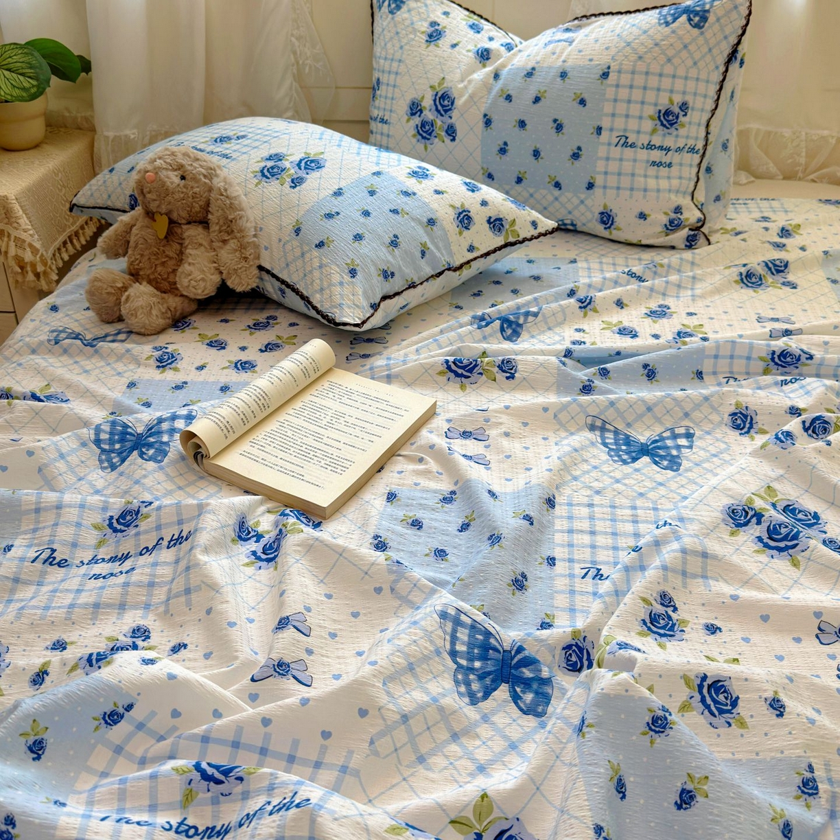 91家纺网 家纺一手货源 找家纺 优卡迪家纺馆 2025新款皱皱棉小花边床单（下载文件包含买家秀） 蓝玫之约