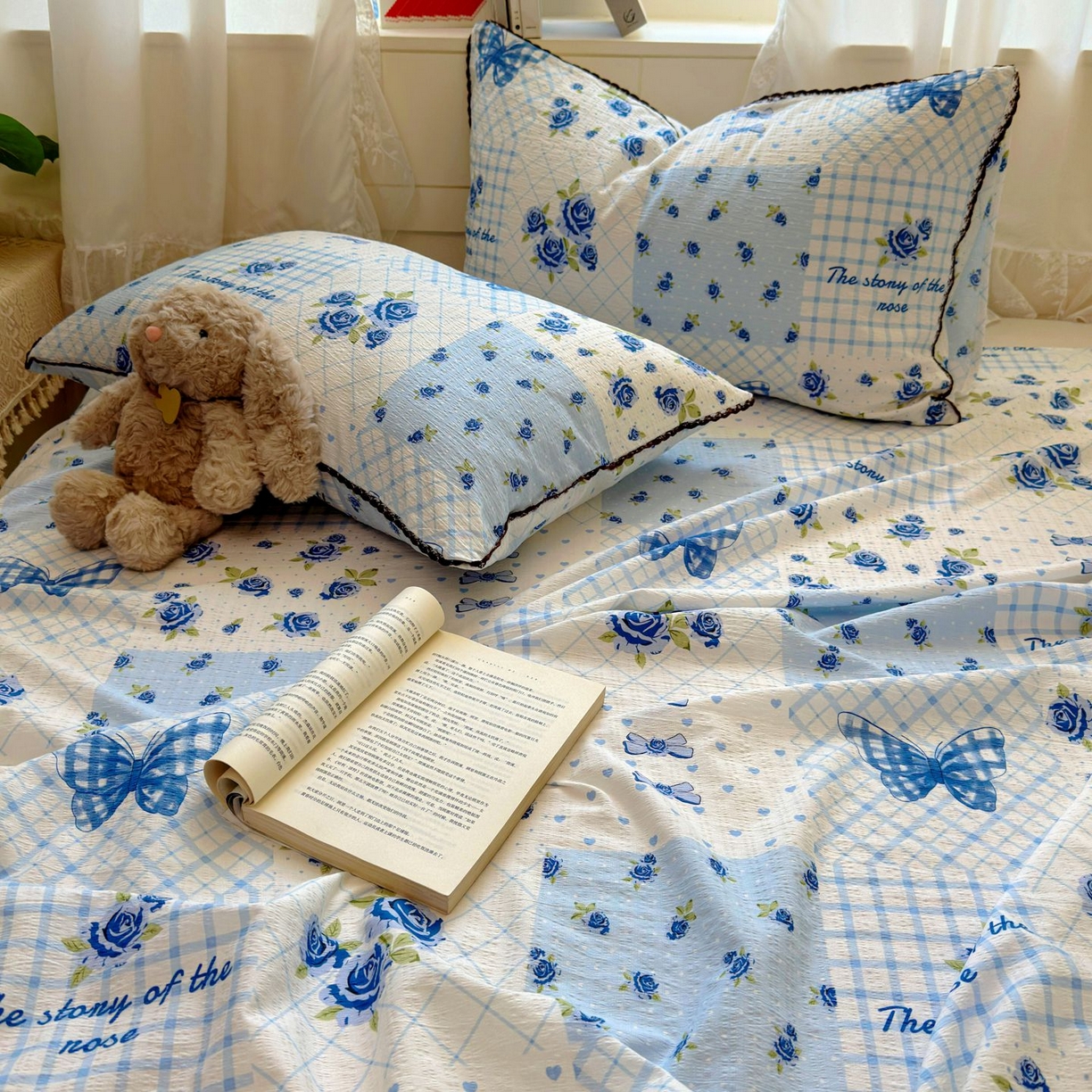 91家纺网 家纺一手货源 找家纺 优卡迪家纺馆 2025新款皱皱棉小花边床单（下载文件包含买家秀） 蓝玫之约