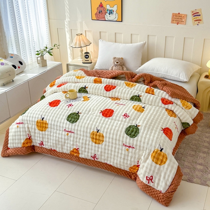 91家纺网 家纺一手货源 找家纺 宜梦家居 2025新款獭兔绒三层夹棉加厚豆豆棉被子被芯 南瓜