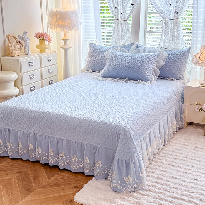 91家纺网 家纺一手货源 找家纺 绒棉世家 2025秋冬新款A类加厚牛奶绒花边床盖款床裙四件套-浪漫蝴蝶结 浪漫蝴蝶结-蓝