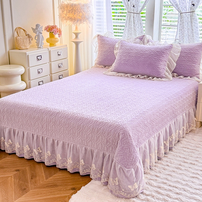 91家纺网 家纺一手货源 找家纺 绒棉世家 2025秋冬新款A类加厚牛奶绒花边床盖款床裙四件套-浪漫蝴蝶结 浪漫蝴蝶结-紫